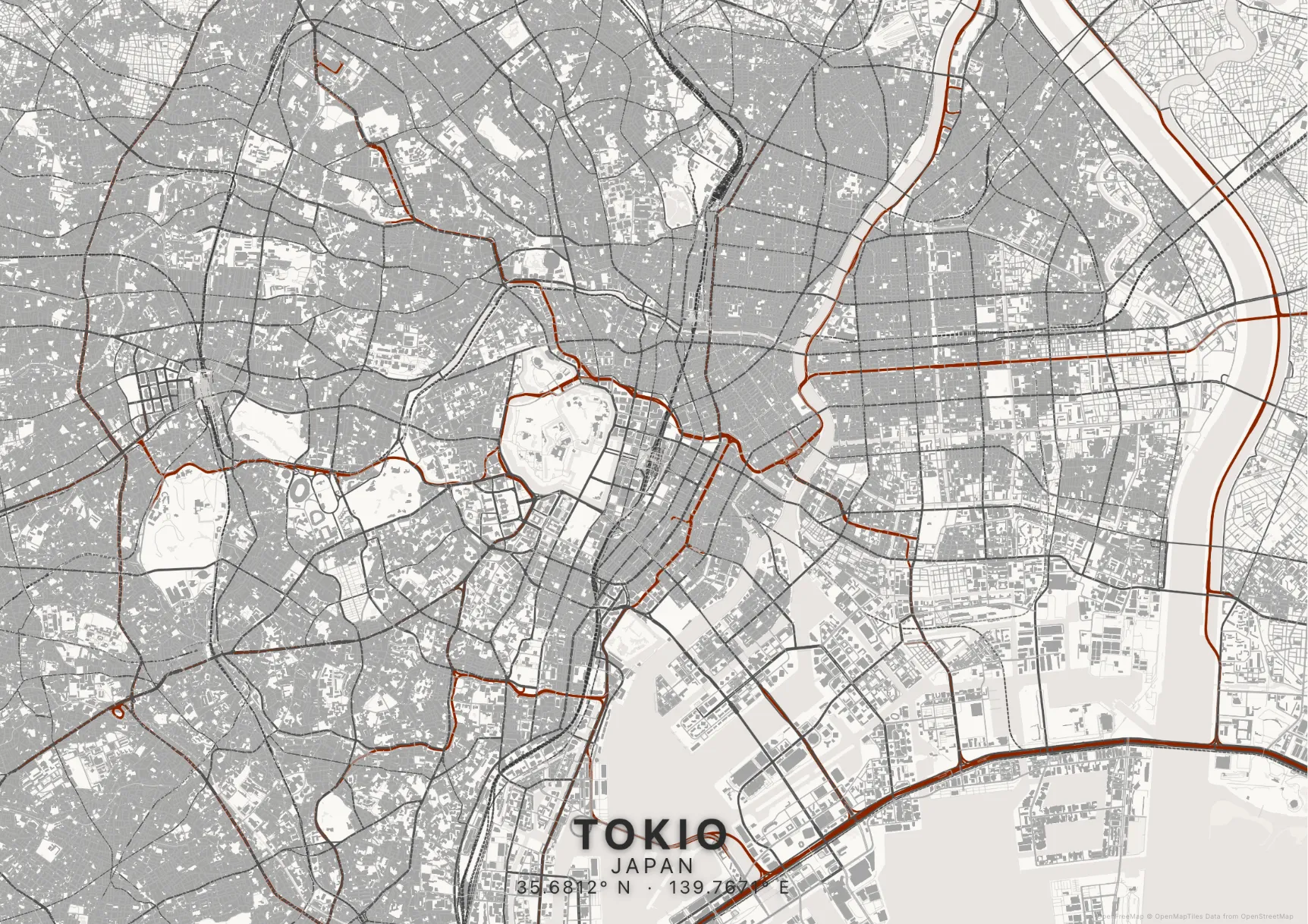 Kaartposter Tokio in Inktwas stijl