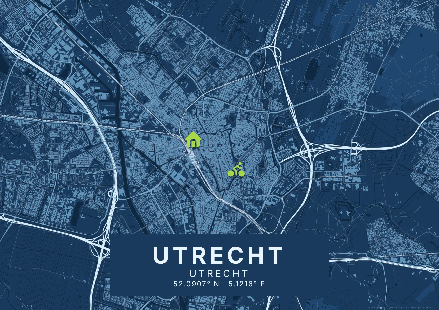 Kaartposter Utrecht in Blauwdruk stijl, liggend