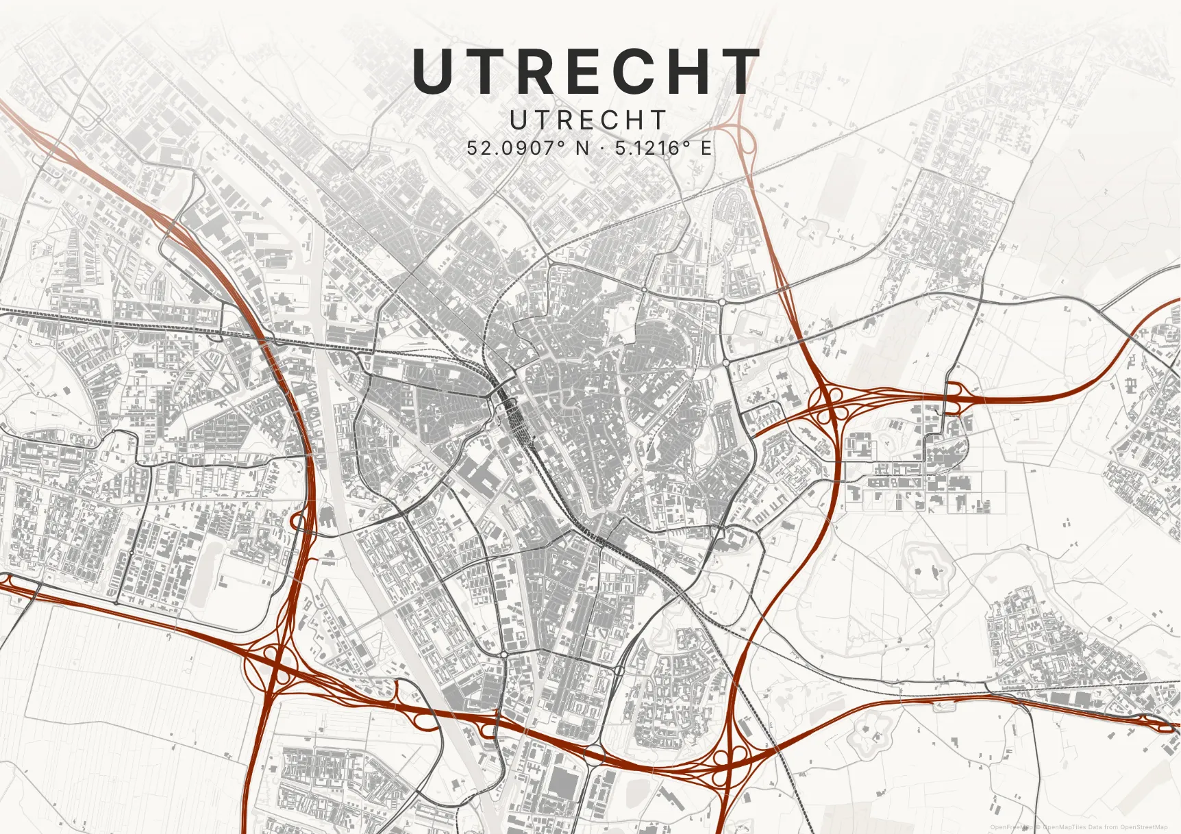 Kaartposter Utrecht in Inktwas stijl