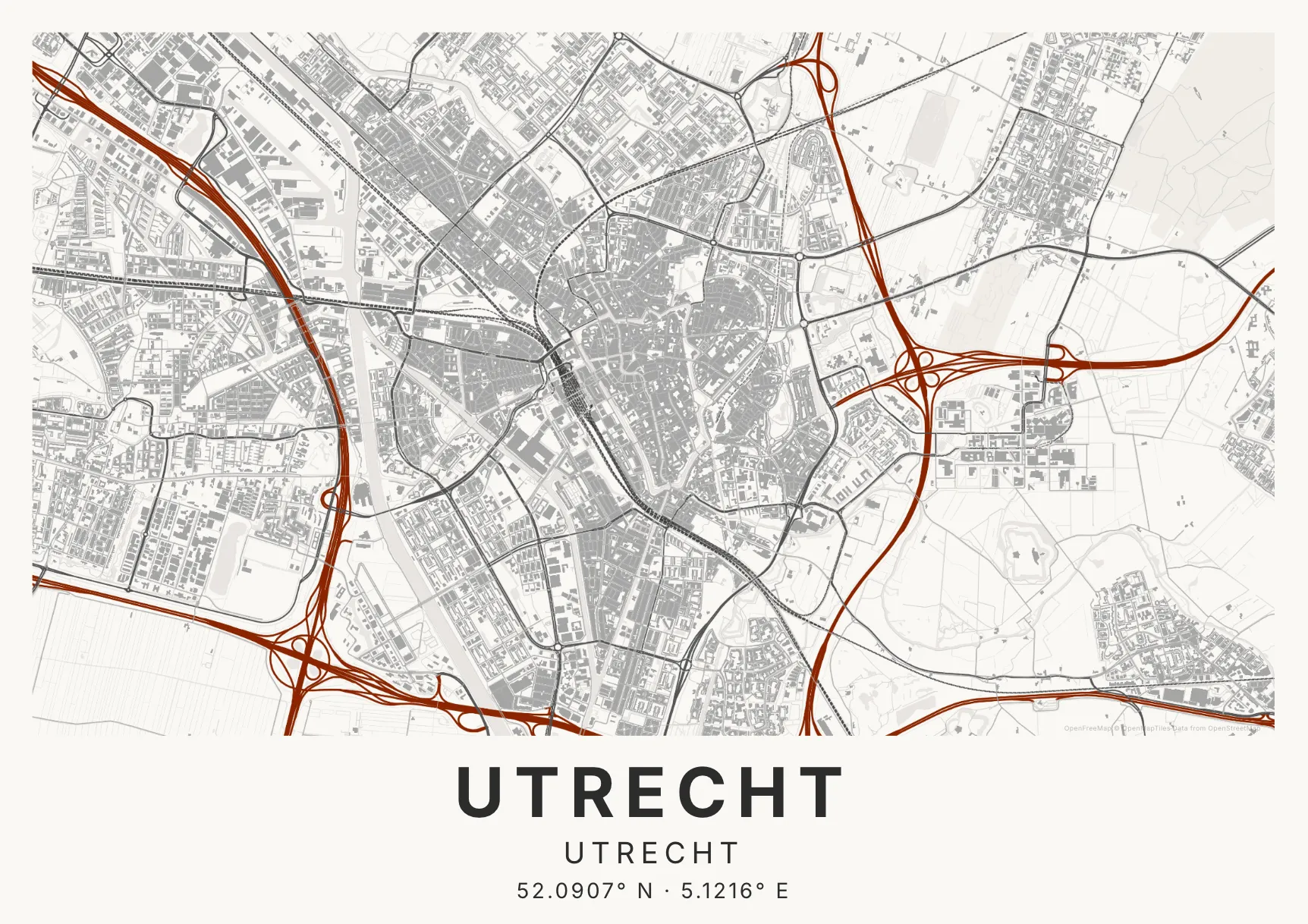 Kaartposter Utrecht in Inktwas stijl
