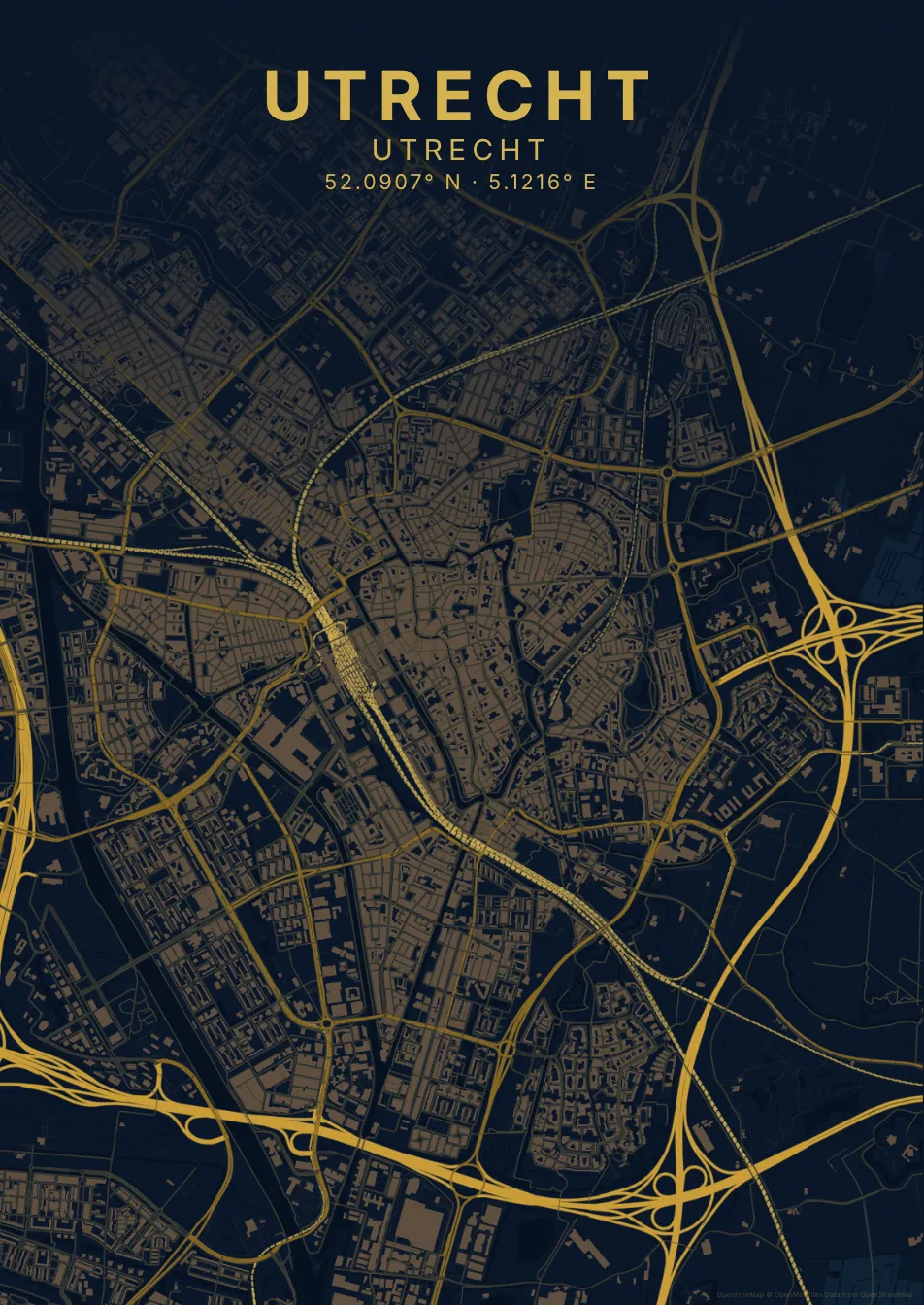 Kaartposter Utrecht in Nachtblauw stijl