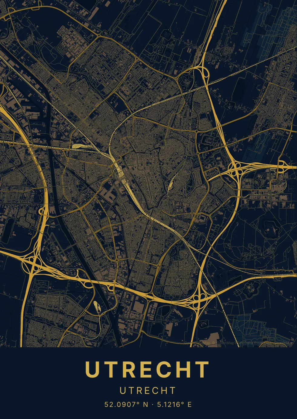 Utrecht kaartposter in Nachtblauw stijl