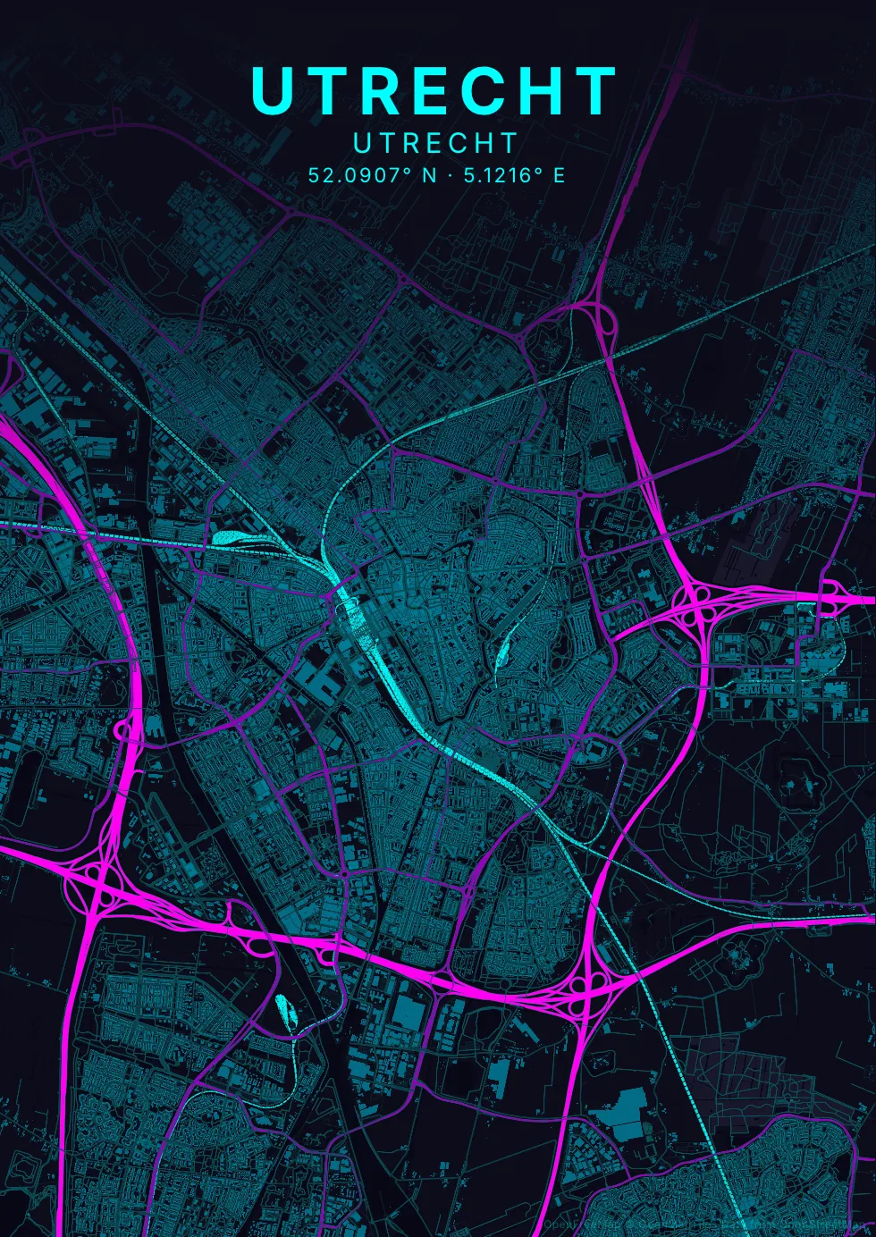 Kaartposter Utrecht in Neon stijl