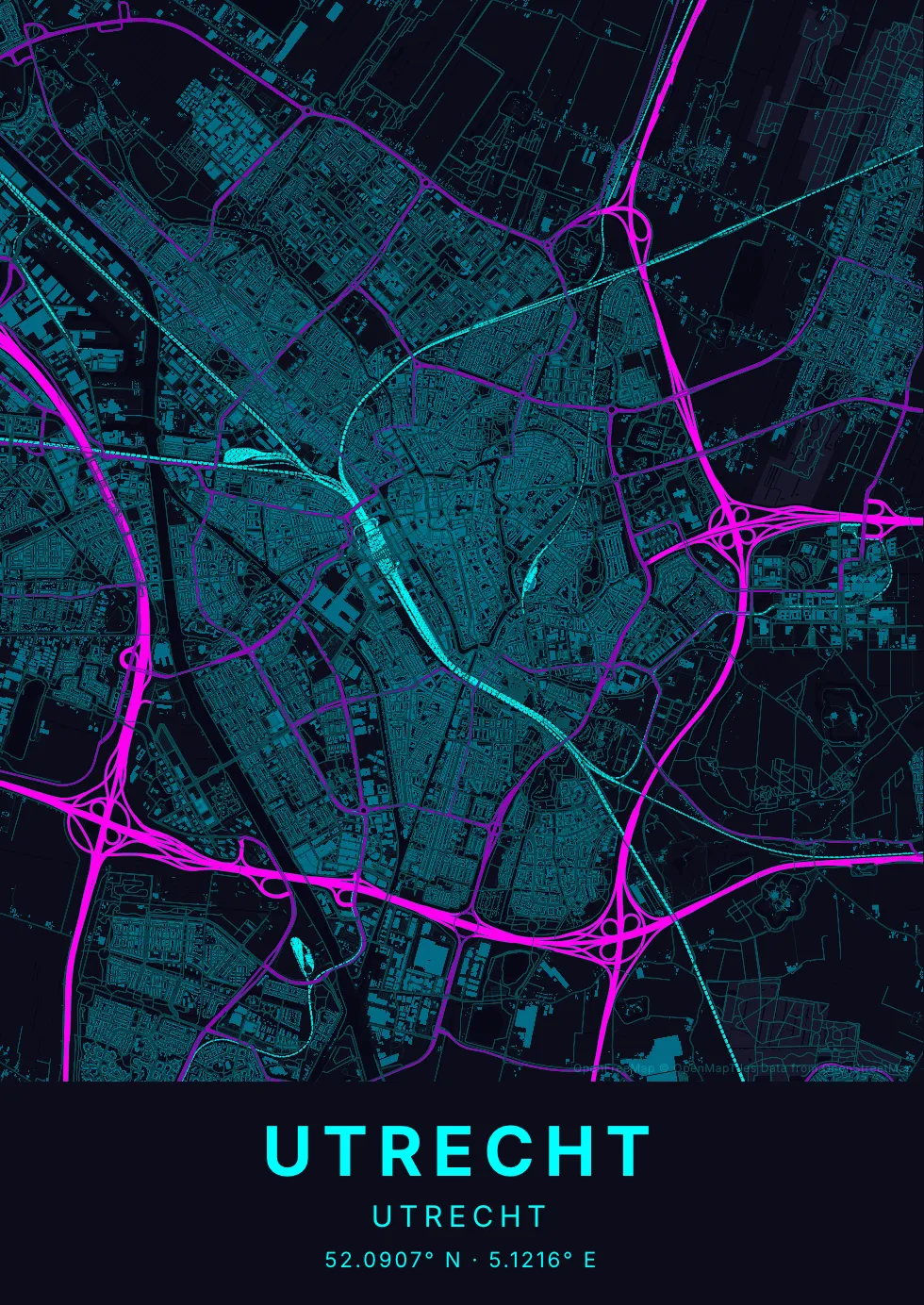 Utrecht kaartposter in Neon stijl