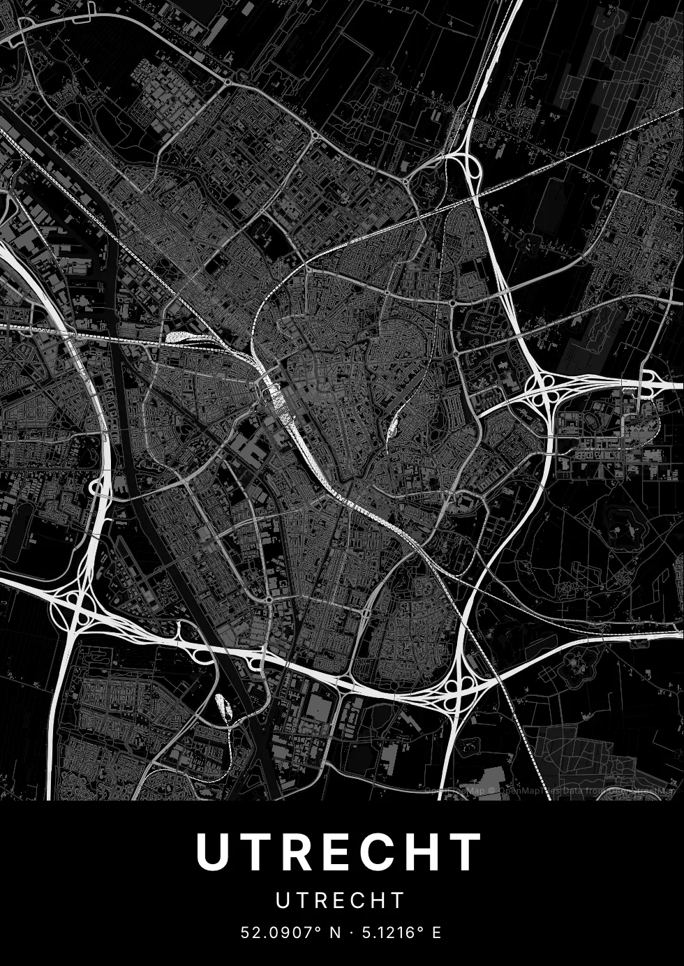 Kaartposter van Utrecht in Nachtzwart stijl