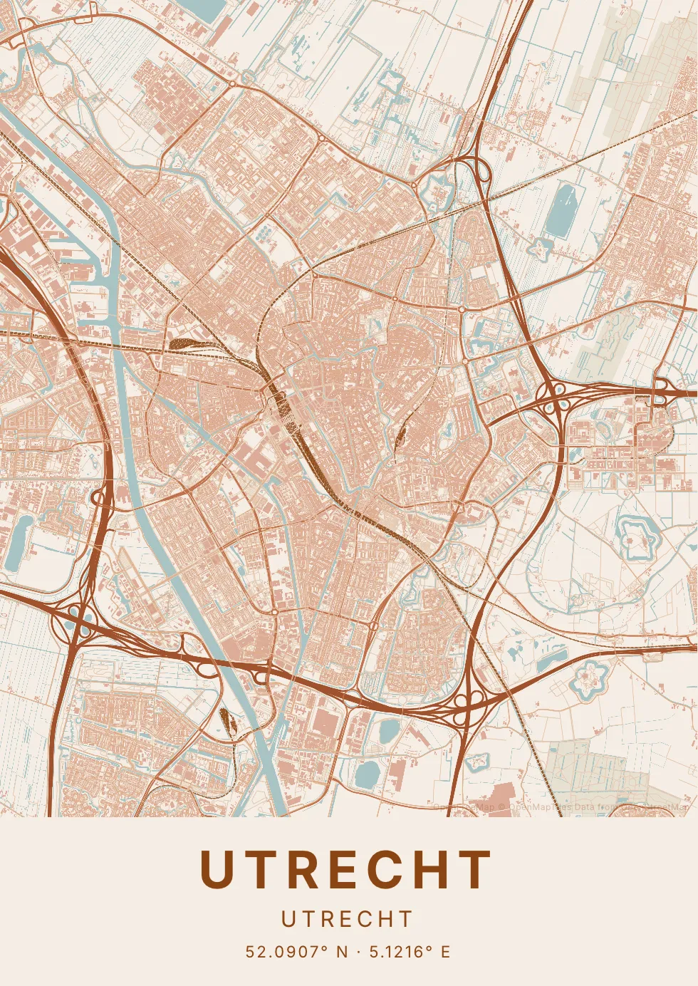 Kaartposter van Utrecht in Terracotta stijl