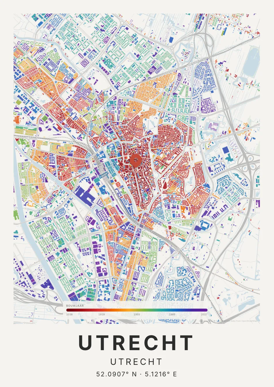 Kaartposter Utrecht in Tijdlaag stijl