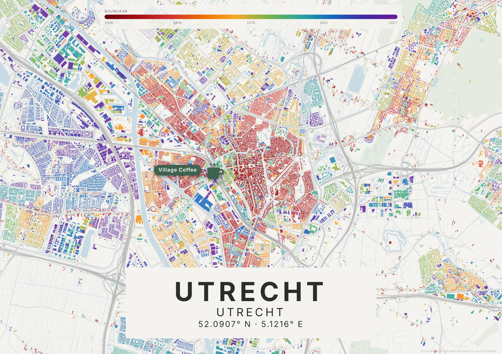 Kaartposter Utrecht in Tijdlaag stijl, liggend