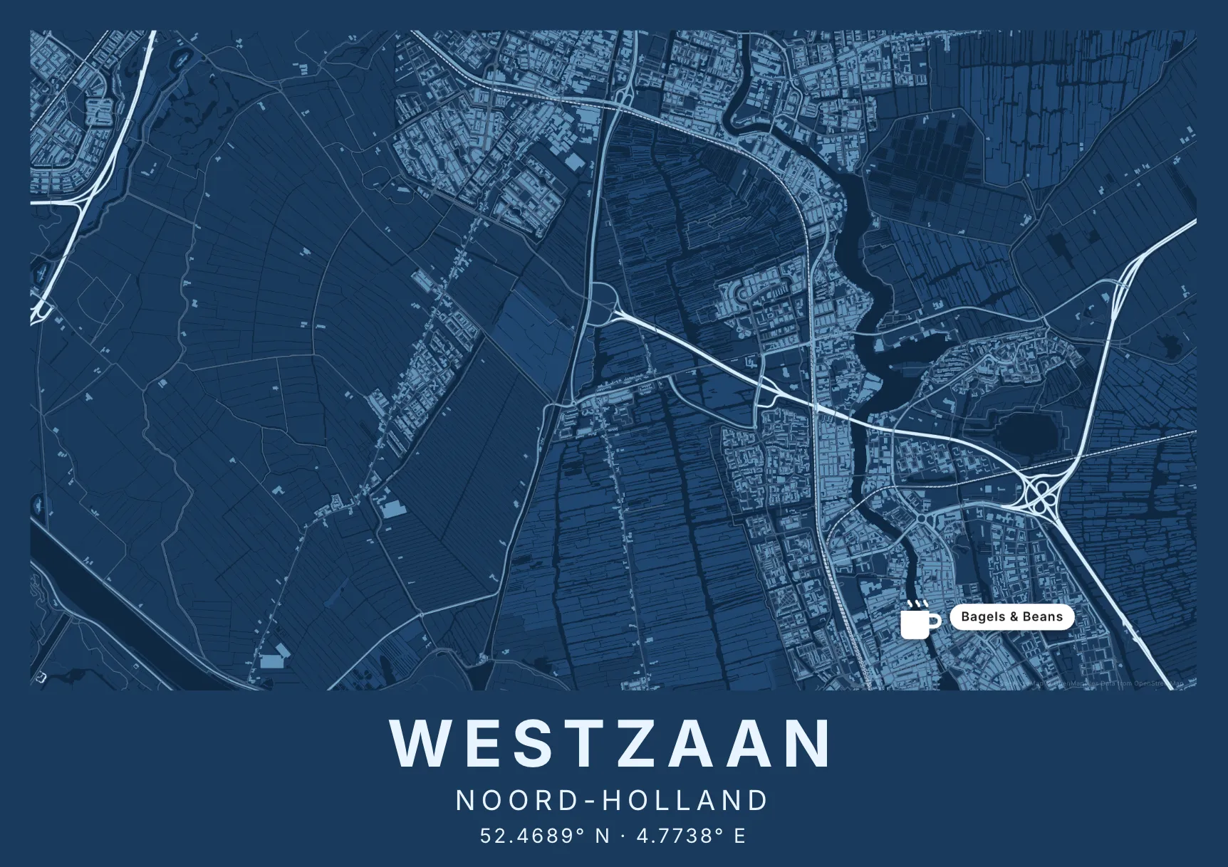 Kaartposter Zaanstad in Blauwdruk stijl