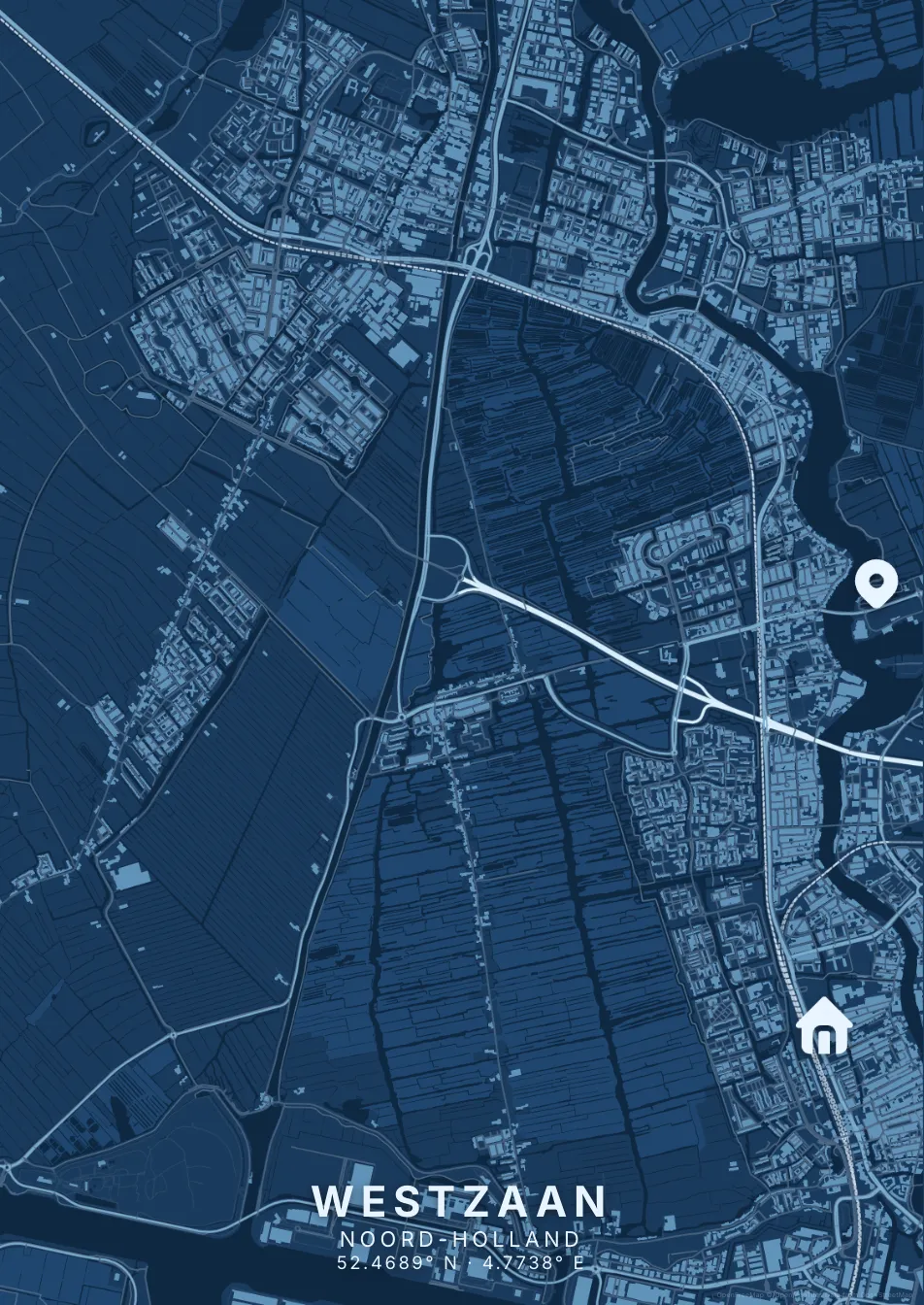 Kaartposter Zaanstad in Blauwdruk stijl