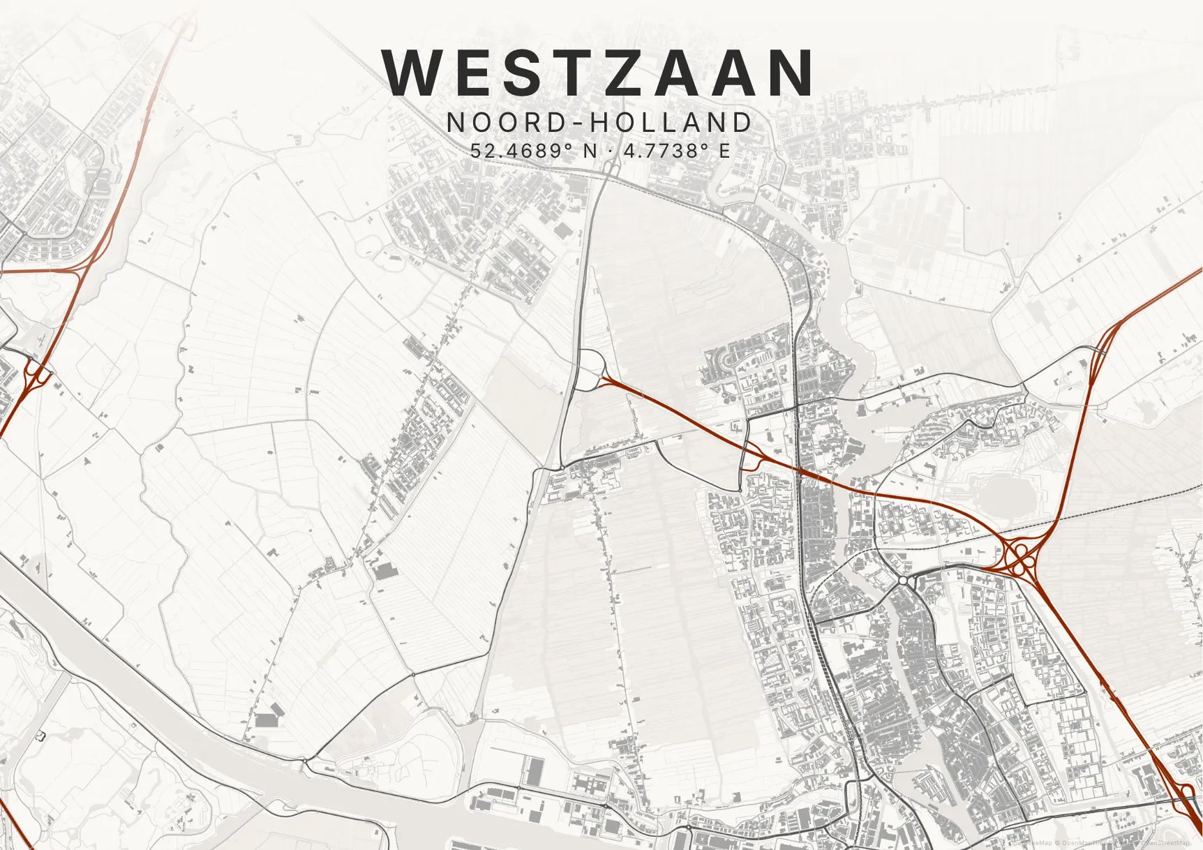 Kaartposter Zaanstad in Inktwas stijl