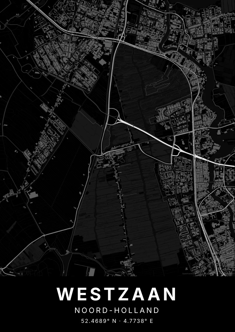Kaartposter Zaanstad in Nachtzwart stijl