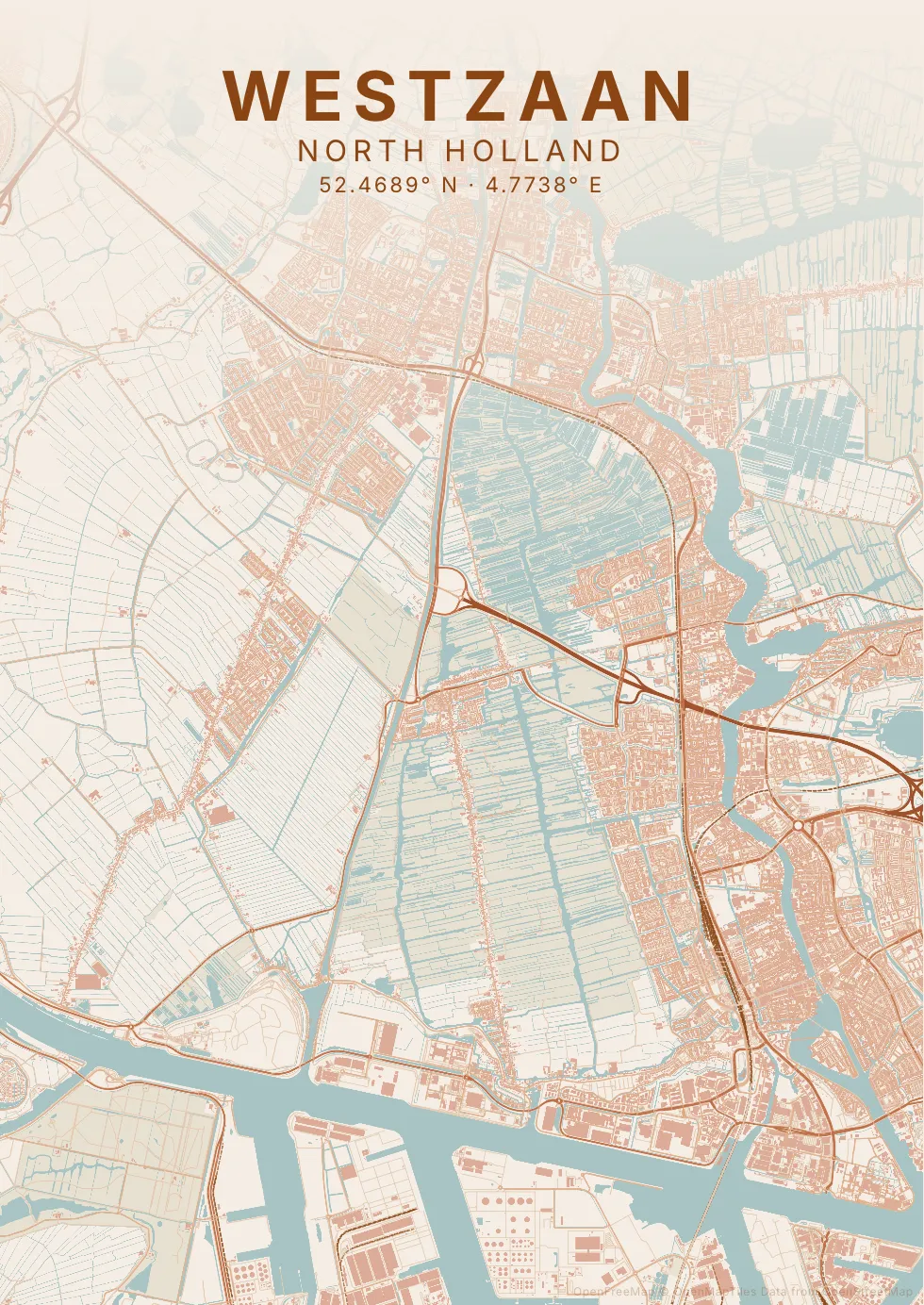 Kaartposter Zaanstad in Klei stijl