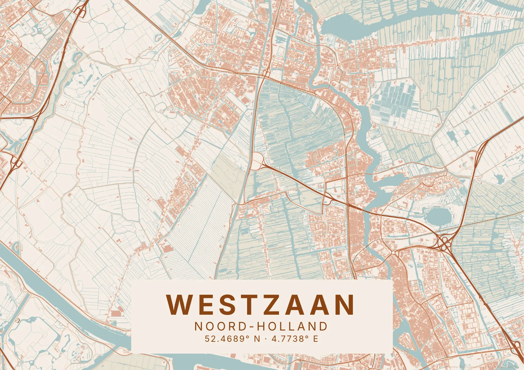 Kaartposter Zaanstad in Klei stijl