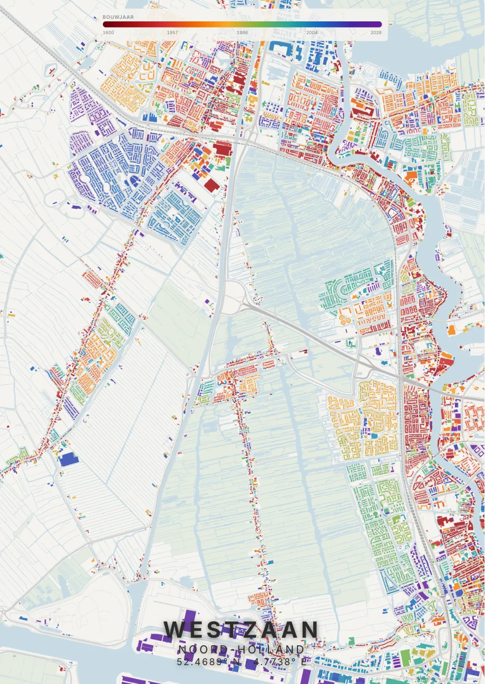 Kaartposter Zaanstad in Tijdlaag stijl