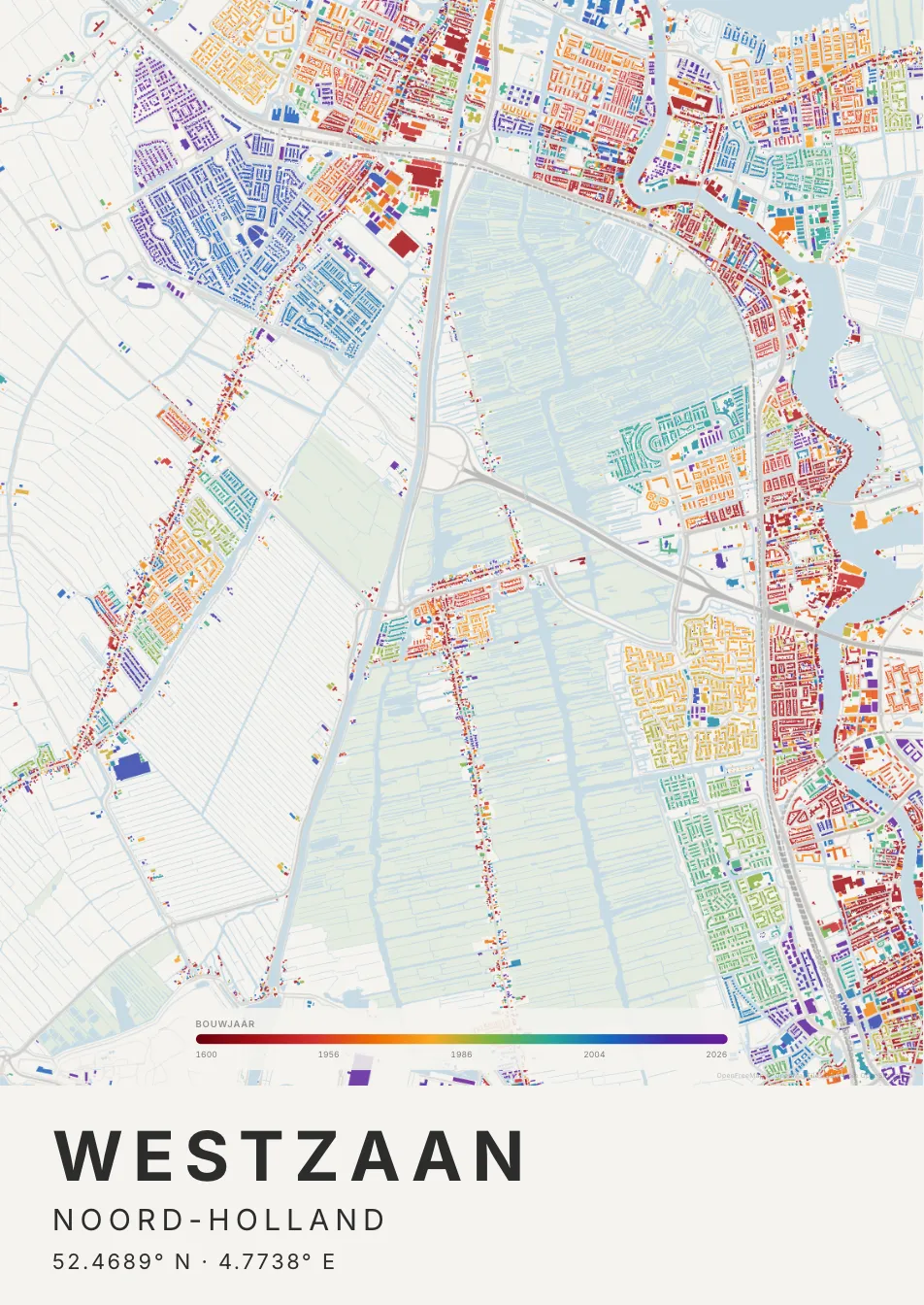 Kaartposter Zaanstad in Tijdlaag stijl